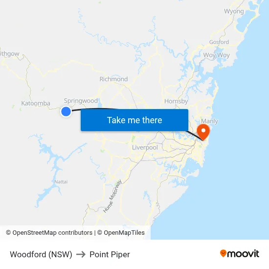 Woodford (NSW) to Point Piper map