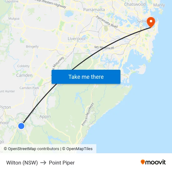 Wilton (NSW) to Point Piper map