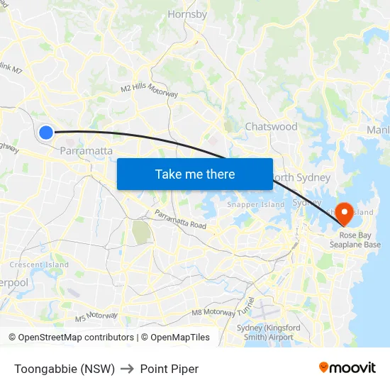 Toongabbie (NSW) to Point Piper map