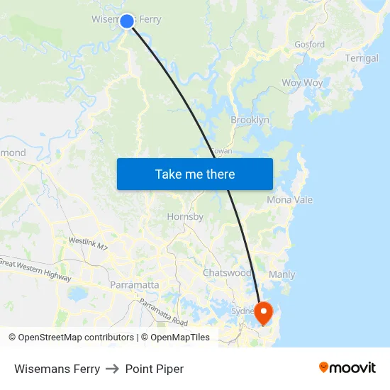 Wisemans Ferry to Point Piper map