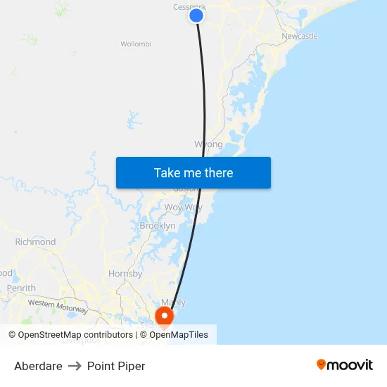 Aberdare to Point Piper map