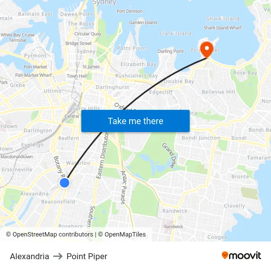 Alexandria to Point Piper map