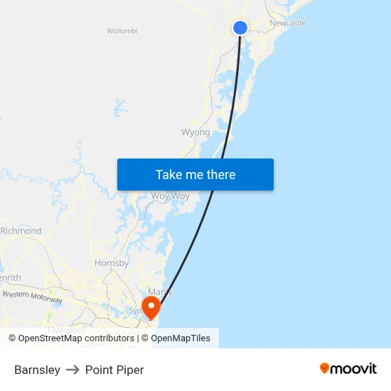 Barnsley to Point Piper map