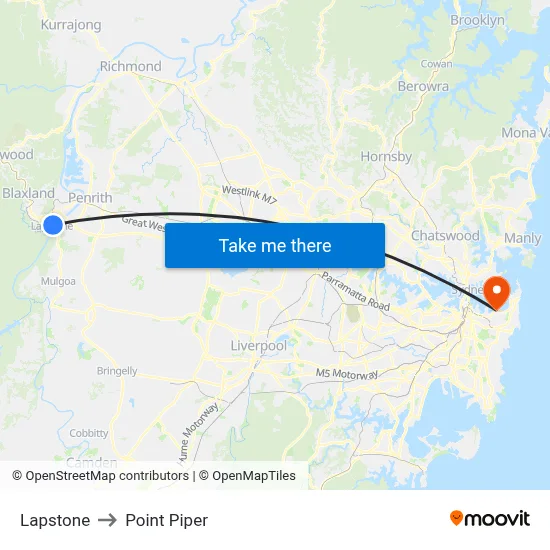 Lapstone to Point Piper map