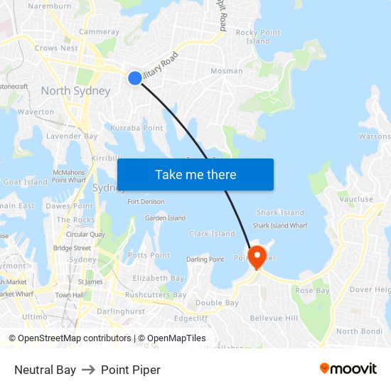 Neutral Bay to Point Piper map