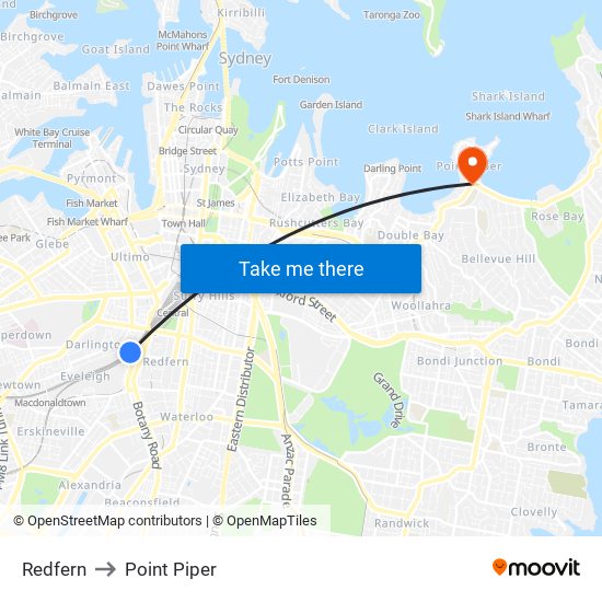 Redfern to Point Piper map