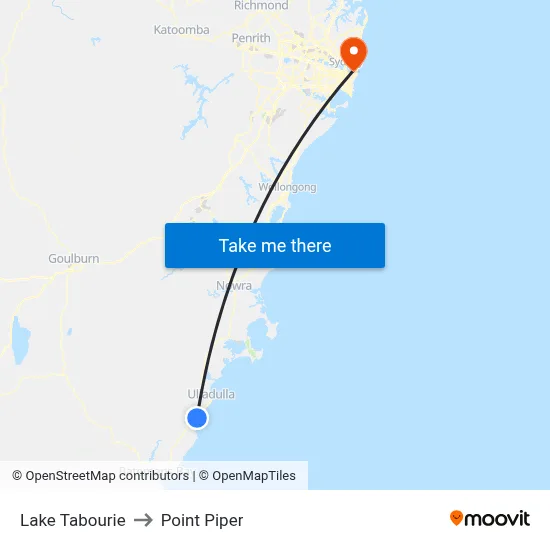 Lake Tabourie to Point Piper map