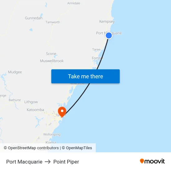 Port Macquarie to Point Piper map