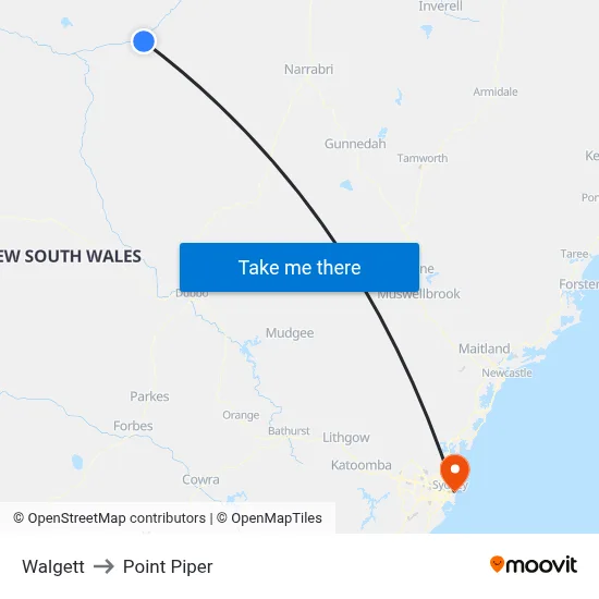 Walgett to Point Piper map