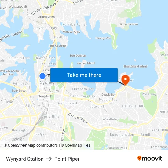 Wynyard Station to Point Piper map