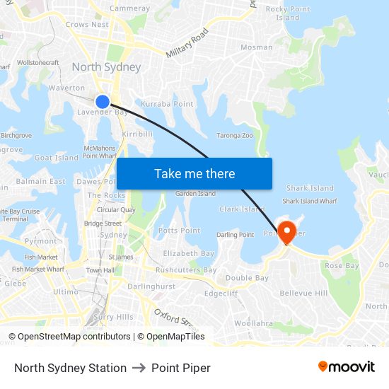 North Sydney Station to Point Piper map