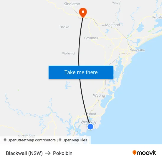 Blackwall (NSW) to Pokolbin map