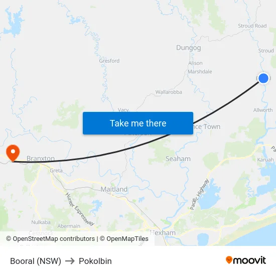 Booral (NSW) to Pokolbin map
