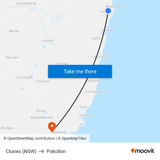 Clunes (NSW) to Pokolbin map