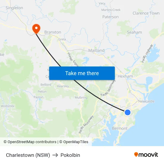 Charlestown (NSW) to Pokolbin map