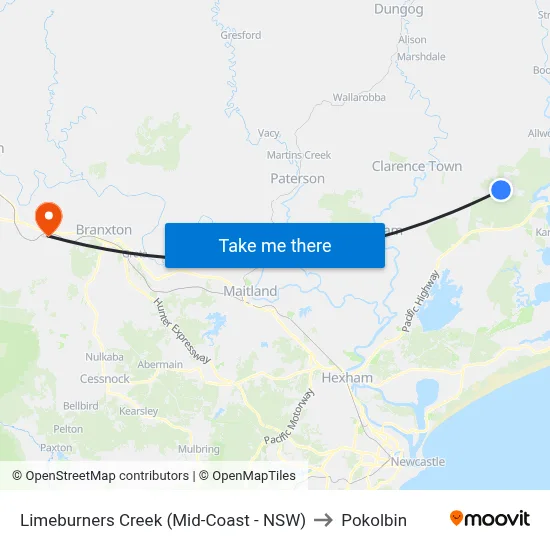 Limeburners Creek (Mid-Coast - NSW) to Pokolbin map