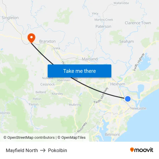 Mayfield North to Pokolbin map