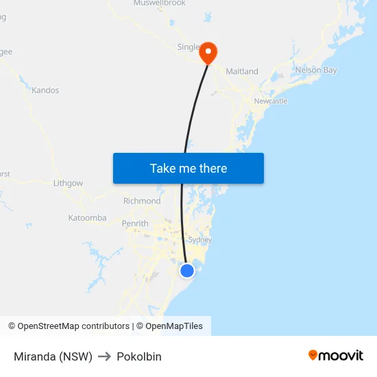 Miranda (NSW) to Pokolbin map