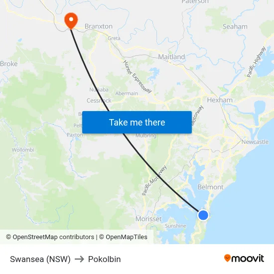 Swansea (NSW) to Pokolbin map