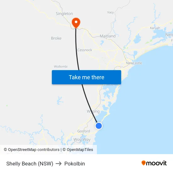 Shelly Beach (NSW) to Pokolbin map