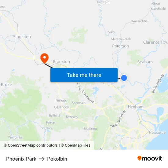 Phoenix Park to Pokolbin map