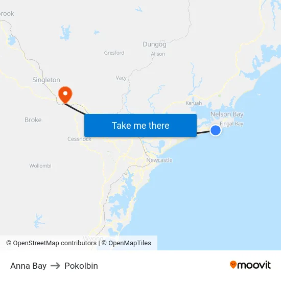 Anna Bay to Pokolbin map