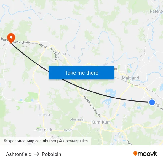 Ashtonfield to Pokolbin map