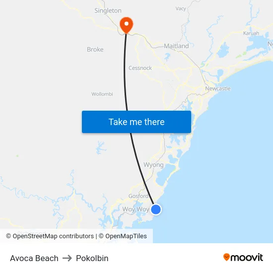 Avoca Beach to Pokolbin map