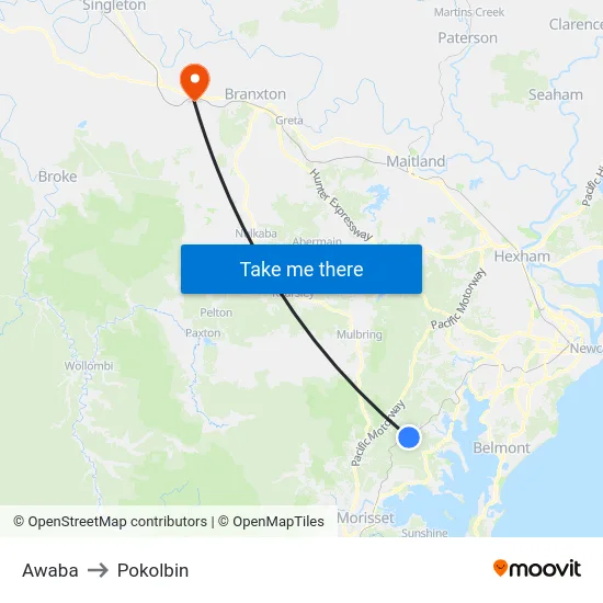 Awaba to Pokolbin map