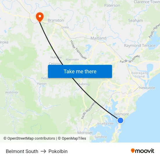 Belmont South to Pokolbin map