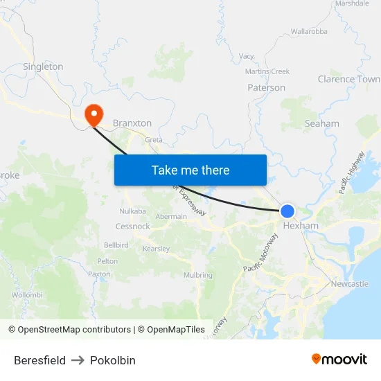 Beresfield to Pokolbin map