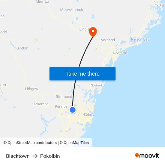 Blacktown to Pokolbin map