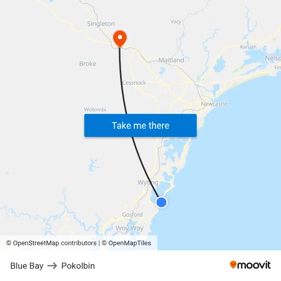 Blue Bay to Pokolbin map