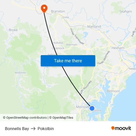 Bonnells Bay to Pokolbin map
