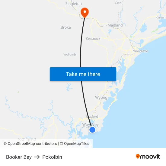 Booker Bay to Pokolbin map