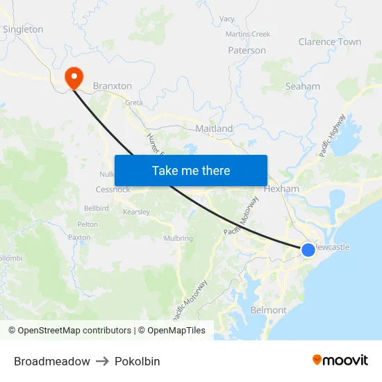 Broadmeadow to Pokolbin map