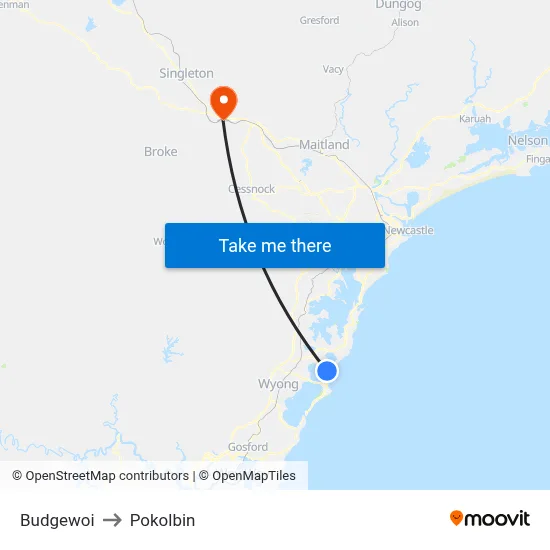 Budgewoi to Pokolbin map