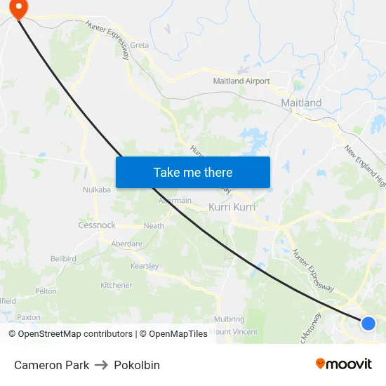 Cameron Park to Pokolbin map