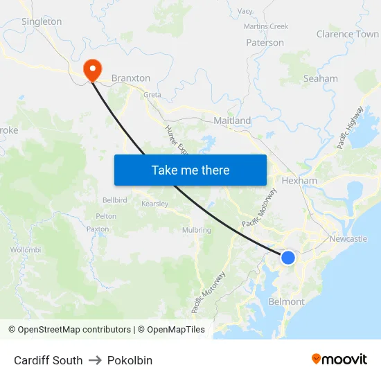 Cardiff South to Pokolbin map