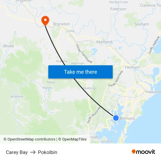 Carey Bay to Pokolbin map