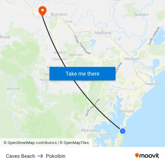 Caves Beach to Pokolbin map