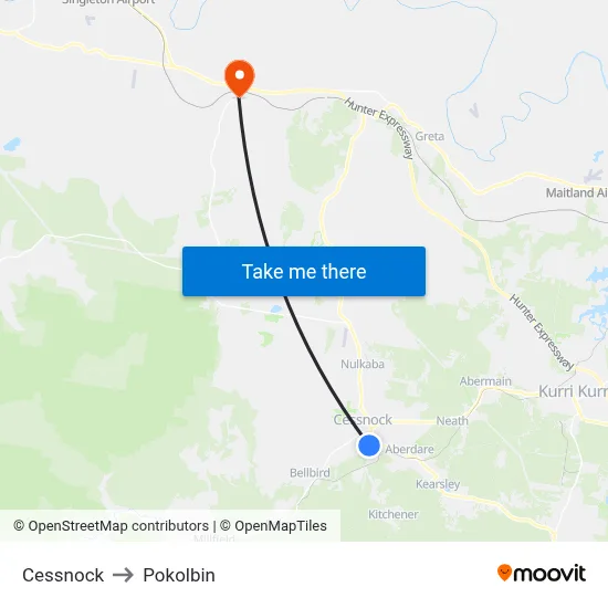 Cessnock to Pokolbin map