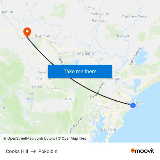 Cooks Hill to Pokolbin map
