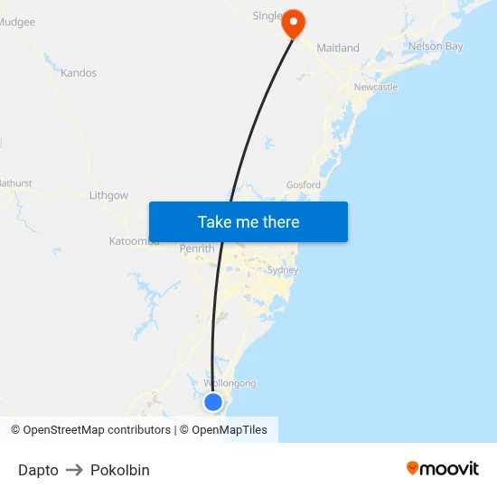Dapto to Pokolbin map