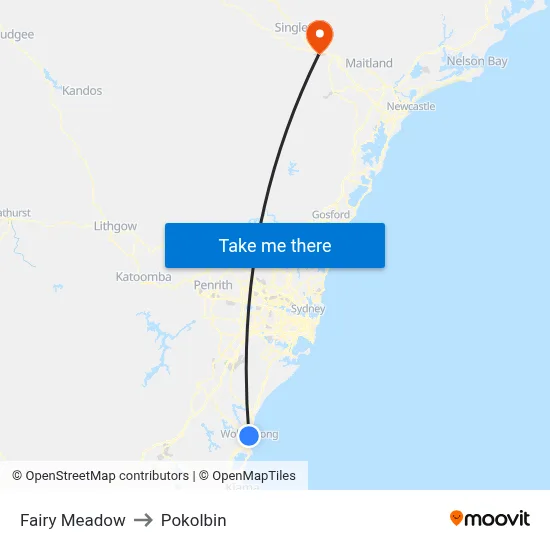 Fairy Meadow to Pokolbin map