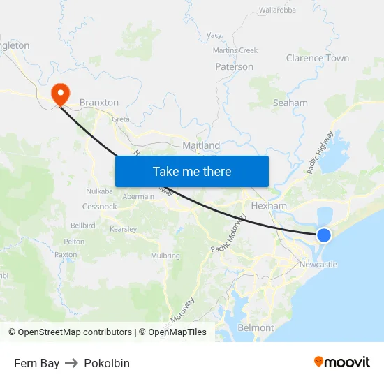Fern Bay to Pokolbin map