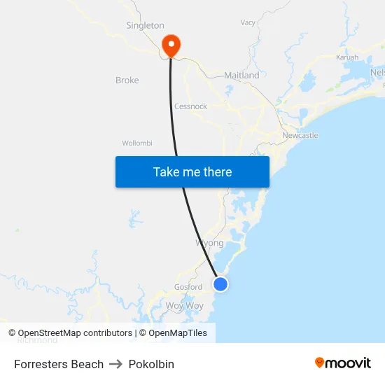 Forresters Beach to Pokolbin map