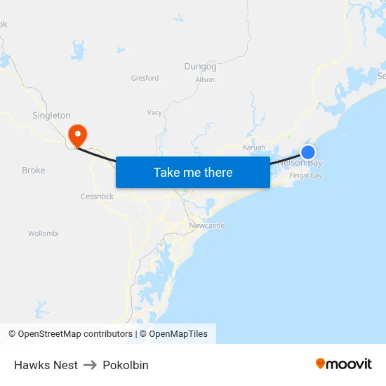 Hawks Nest to Pokolbin map