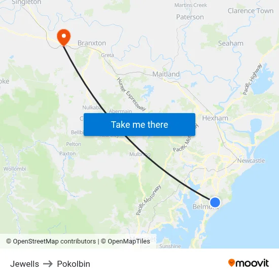 Jewells to Pokolbin map