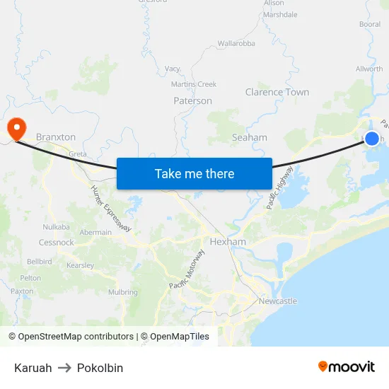 Karuah to Pokolbin map